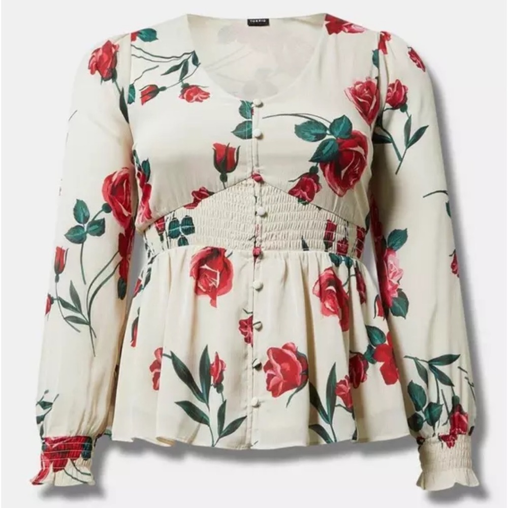 Torrid Smocked Waist Roses Floral Blouse Size 1X